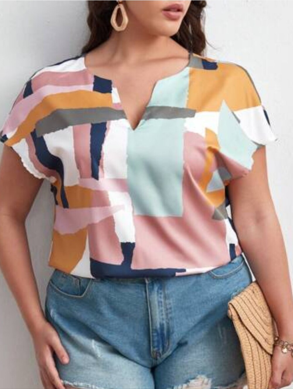 Multi-Color Abstract V-Neck Dolman Top